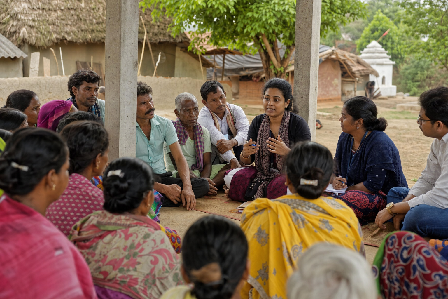 Community members in discussion at a village meeting in Odisha